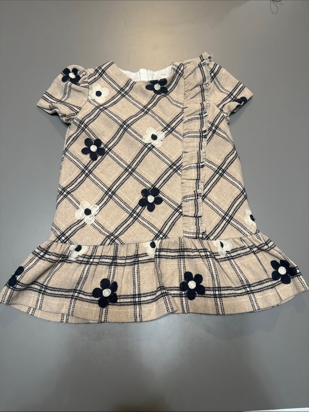 Mayoral Girls Plaid Embroidered Flower Dress Drop Waist Ruffle